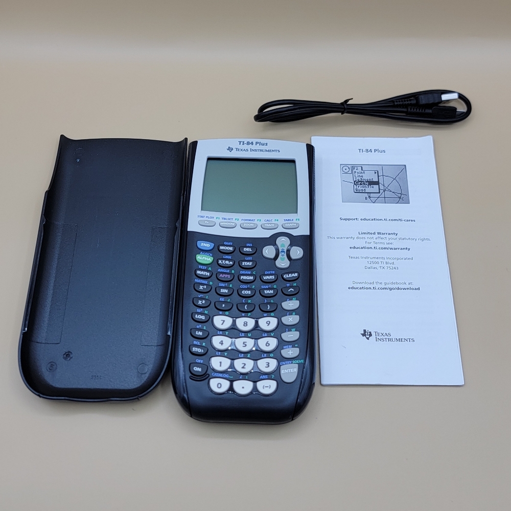 Texas Instruments TI-84 Plus Graphing Calculator Black Grey Manual Cable New